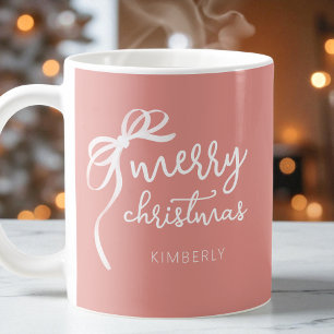 Modern Script Elegant Bow Pink Merry Christmas Coffee Mug