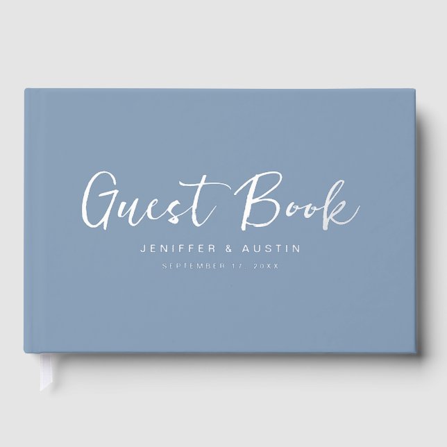 Modern Script Elegant Dusty Blue Wedding Guest Book (Front)