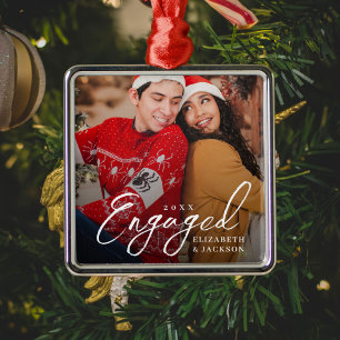 Modern Script Elegant Engaged Couple Photo Metal Tree Decoration