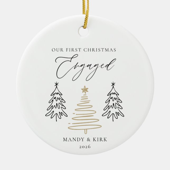 Modern Script Elegant Engagement Keepsake Ceramic  Tree Decoration (Front)