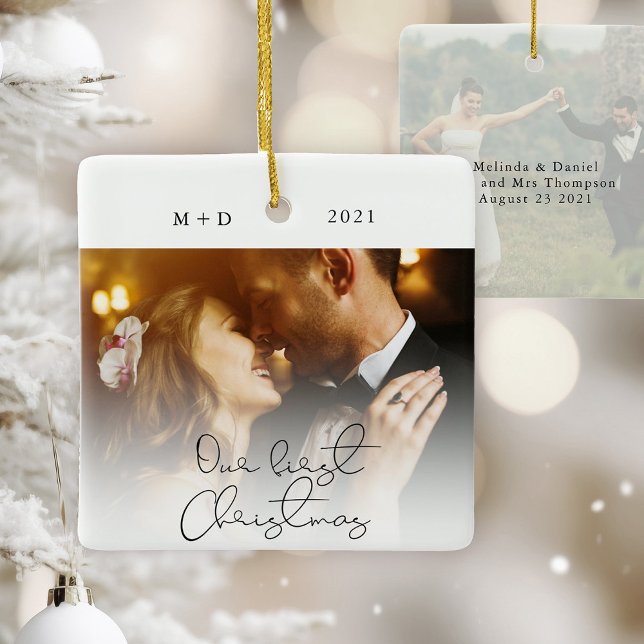 Modern Script Elegant Engagement Photo Keepsake Ce Ceramic Ornament (Creator Uploaded)