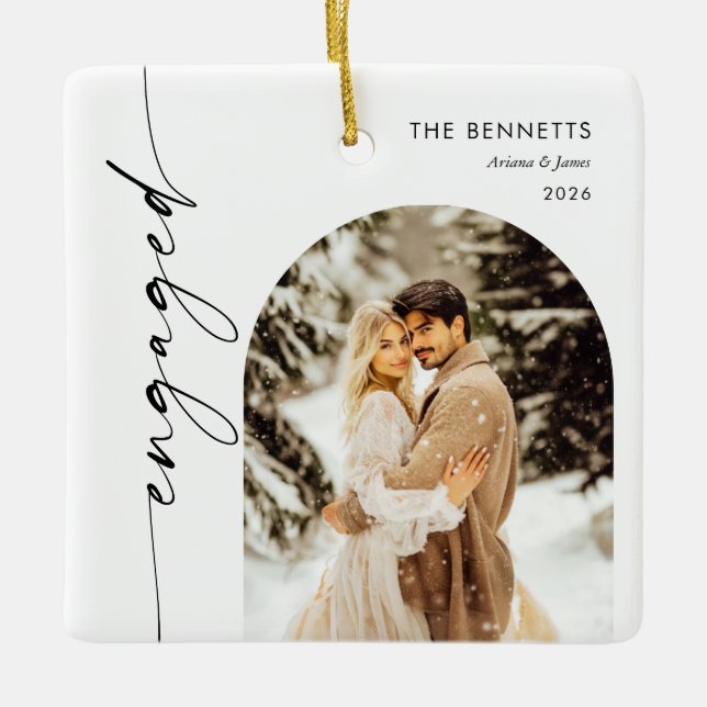 Modern Script Elegant Engagement Photo Keepsake Ceramic Ornament (Front)