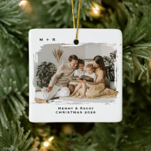 Modern Script Elegant Engagement Photo Keepsake Ceramic Ornament
