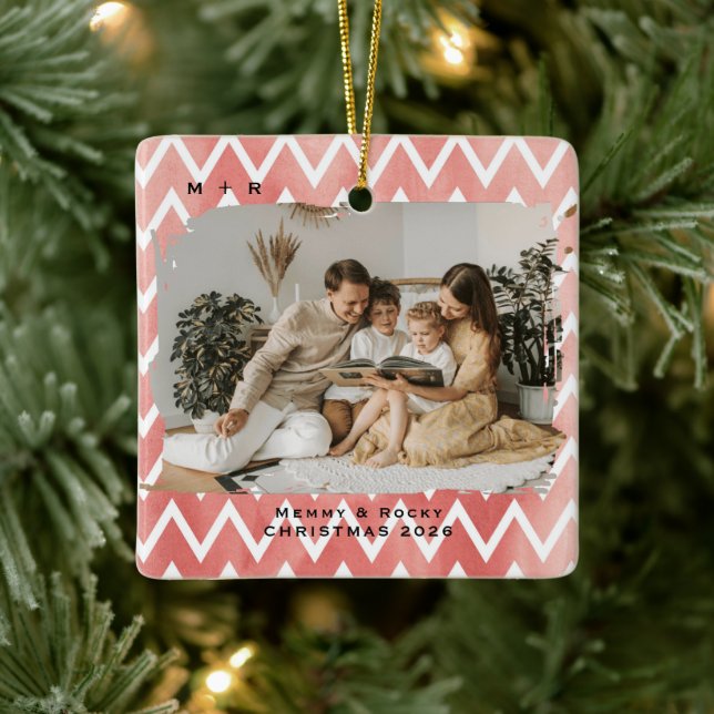 Modern Script Elegant Engagement Photo Keepsake Ceramic Ornament (Tree)