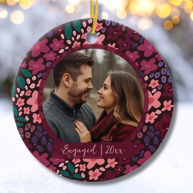 Modern Script Elegant Engagement Photo Keepsake  Ceramic Tree Decoration (Engaged Holiday Photo Ornament Keepsake)
