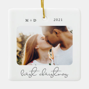 Modern Script Elegant Engagement Wedding Photo Ceramic Ornament