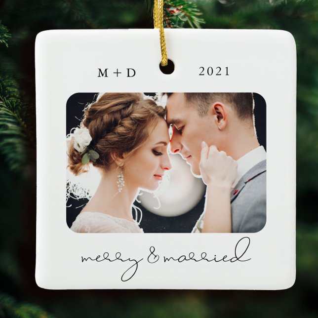 Modern Script Elegant Merry Married Wedding Photo Ceramic Ornament (Creator Uploaded)