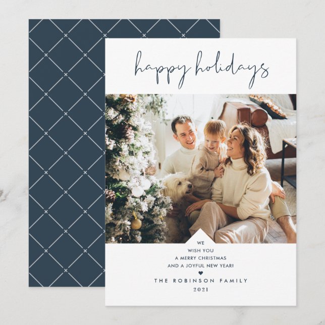 Modern Script Elegant Navy Blue Christmas Photo Holiday Card (Front/Back)