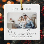 Modern Script Elegant New Home Sweet Home Photo Ce Ceramic Ornament<br><div class="desc">This modern script photo OUR NEW HOME ornament features two of your favourite photos (on the front and back) of your new house as well as your family name and date. This stylish keepsake for new homeowners will remind you of your big moving day for decades to come.</div>