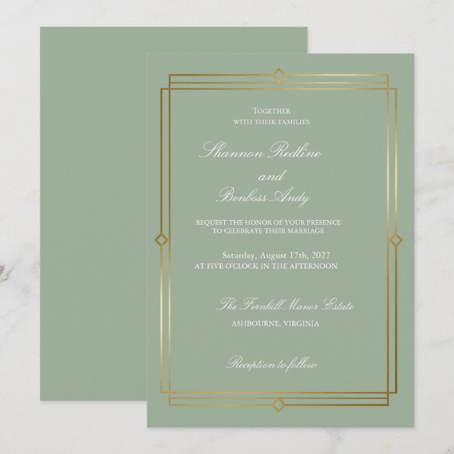 Modern Script Elegant Sage Green & Gold  Wedding Invitation (Front/Back)