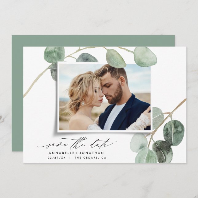 Modern script elegant vintage photo eucalyptus inv invitation (Front/Back)