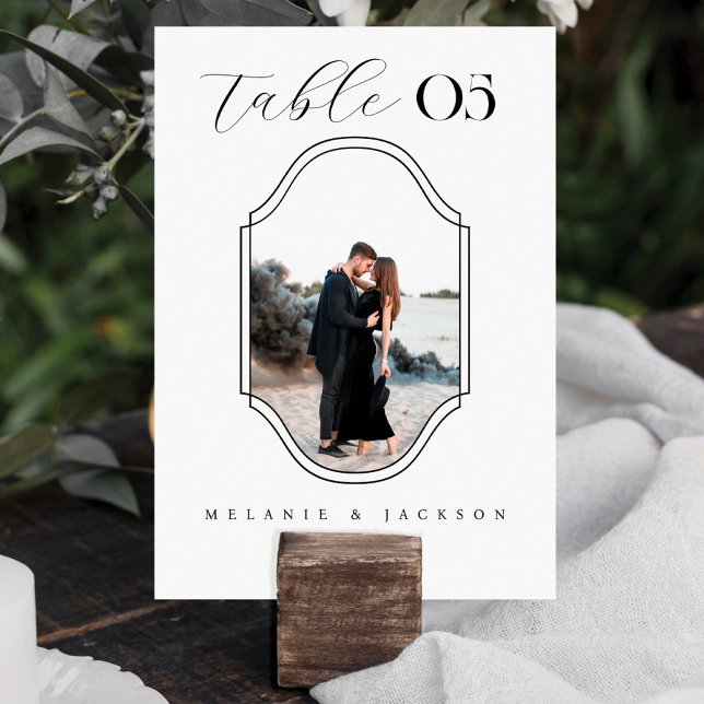 Modern Script Elegant Wedding Photo Frame White Table Number (Creator Uploaded)