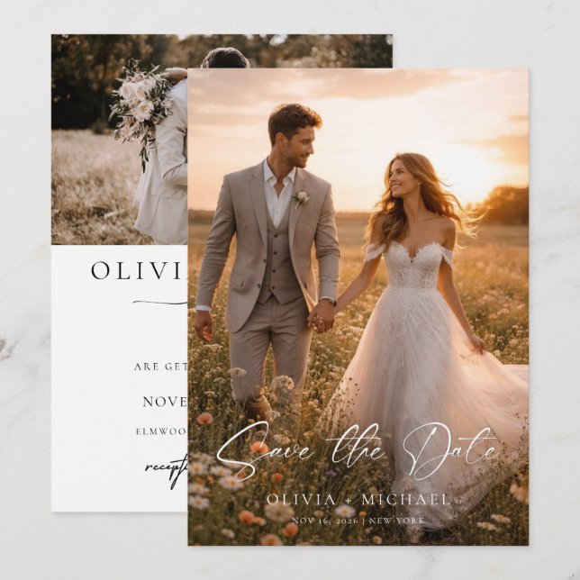 Modern Script Elegant Wedding Photo Save The Date (Front/Back)