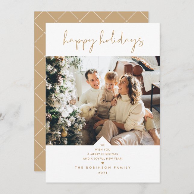 Modern Script Elegant White Gold Christmas Photo Holiday Card (Front/Back)