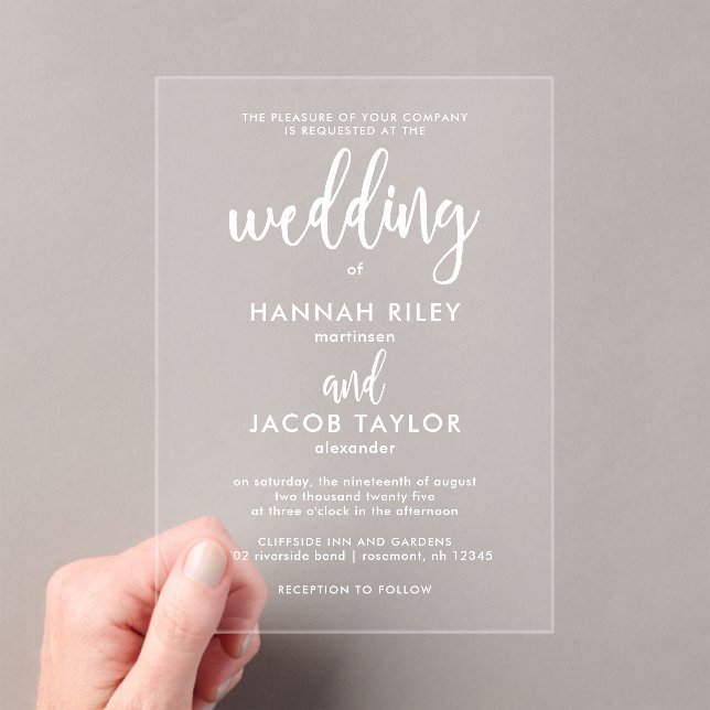 Modern Script Elegant White Wedding Acrylic Invitations (Insitu (Handheld))
