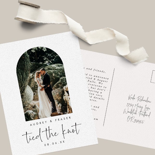 Modern Script  Elopement Tied the Knot Arch Photo Announcement Postcard (Creator Uploaded)