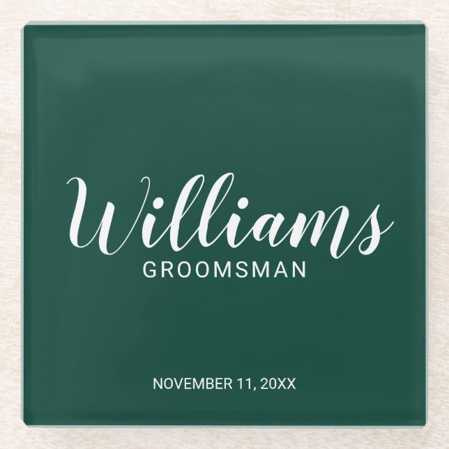 Modern Script Emerald Green Personalised Groomsman Glass Coaster (Front)