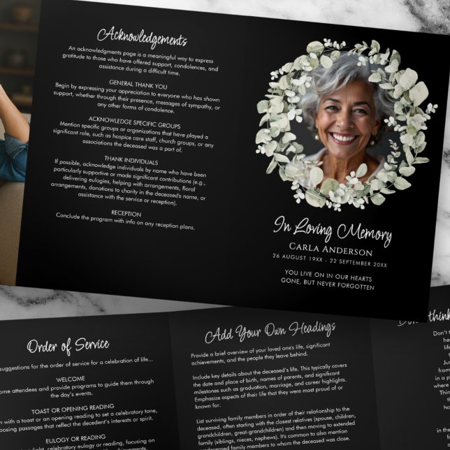 Modern Script Eucalyptus 2-Photo Funeral/Memorial Tri-Fold Programme (Creator Uploaded)