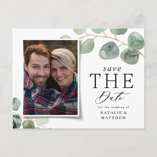 Modern script eucalyptus botanical photo wedding announcement postcard (Front)