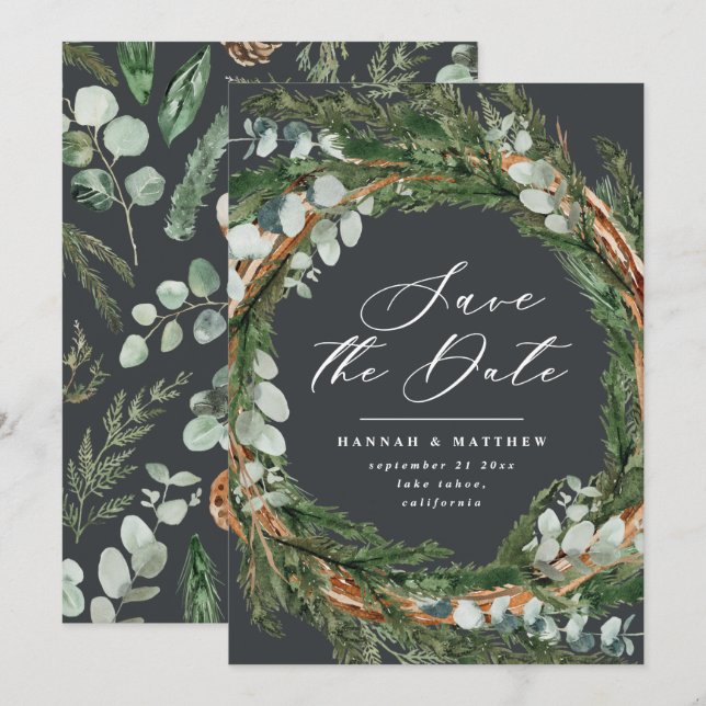 Modern script eucalyptus elegant wedding save the date (Front/Back)
