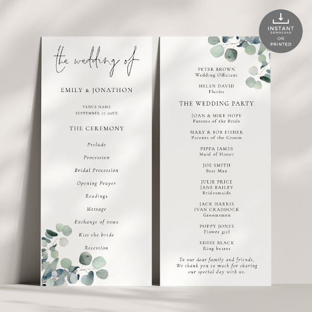 Modern Script Eucalyptus Wedding Program Invitation (Front and back view)