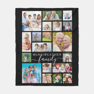 Modern Script FAMILY 19 Photo Collage Black Fleece Blanket