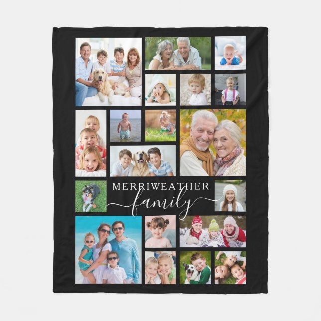 Modern Script FAMILY 19 Photo Collage Black Fleece Blanket (Front)