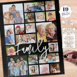 Modern Script FAMILY 19 Photo Collage Custom Colou Jigsaw Puzzle<br><div class="desc">Create your own modern photo memories puzzle utilising this easy-to-upload photo collage template with 19 pictures in various shapes and sizes and your name or custom title (shown with FAMILY) in chic handwritten script typography. CHANGES: Change the black background colour and/or the title and text font style, size, colour or...</div>