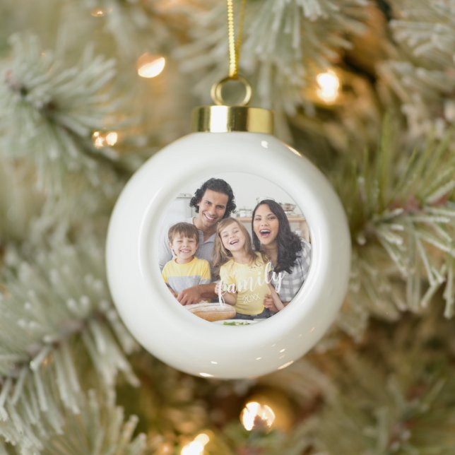 Modern Script FAMILY 2 Photos Custom Colour Ceramic Ball Christmas Ornament (Tree)