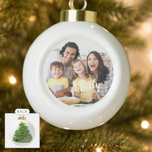 Modern Script FAMILY 2 Photos Custom Colour Ceramic Ball Christmas Ornament