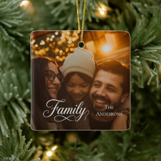 Modern Script Family Custom Photo Name Ceramic Ornament