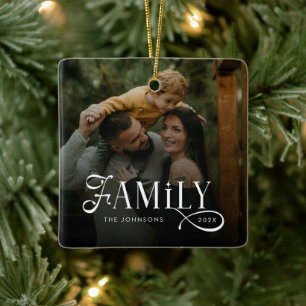 Modern Script Family Custom Photo Name Ceramic Ornament