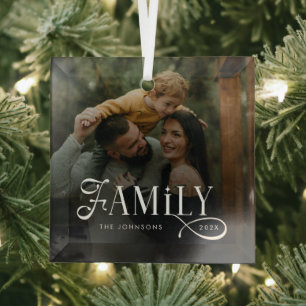 Modern Script Family Custom Photo Name Glass Tree Decoration