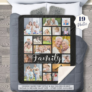 Modern Script FAMILY Heart 19 Photo Collage Black Sherpa Blanket