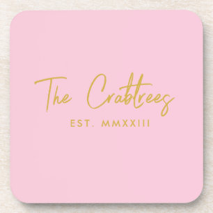 Modern Script Family Monogram Blush and Gold  Coaster