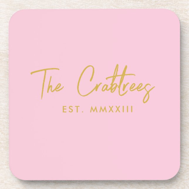 Modern Script Family Monogram Blush and Gold  Coaster (Front)