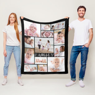 Modern Script Family Name 13 Photo Collage Fleece Blanket
