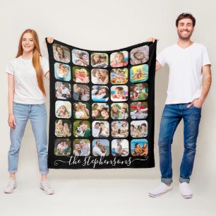 Modern Script Family Name 30 Photo Collage Fleece Blanket