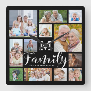 Modern Script FAMILY Name Photo Collage Monogram Square Wall Clock