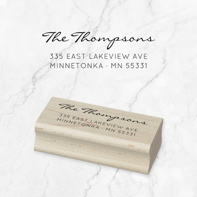 Modern Script Family Name. Return Address 09. Rubber Stamp (Modern, elegant script typography wooden return address stamp. Basic typography address stamp.)