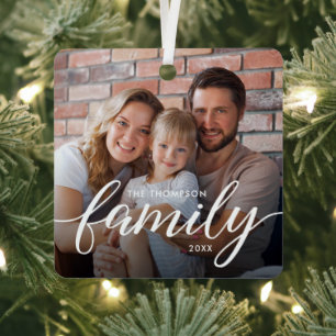 Modern Script Family Photo Christmas Personalized Metal Tree Decoration