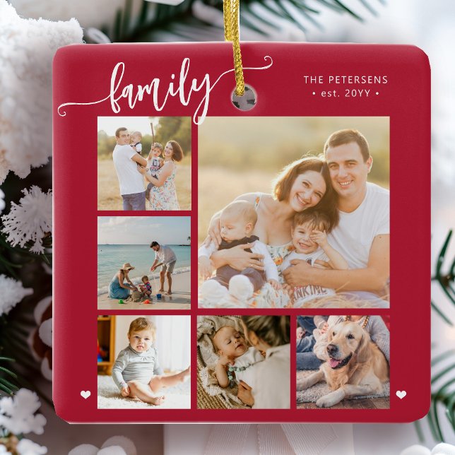 Modern script family photo collage red ceramic ornament (Creator Uploaded)