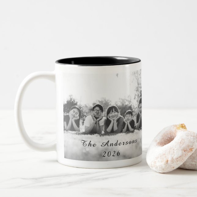 Modern Script Family Photo Two-Tone Coffee Mug (With Donut)