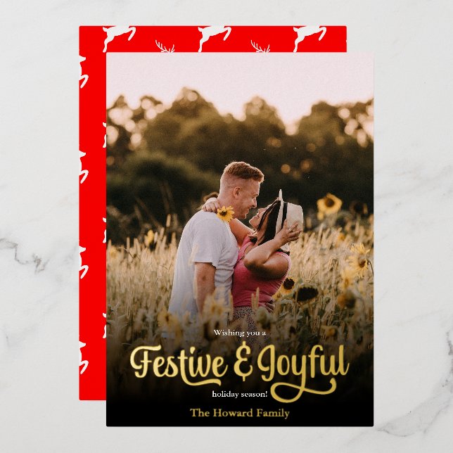 Modern Script Festive and Joyful Red Polka Dot Foil Holiday Card (Front/Back)