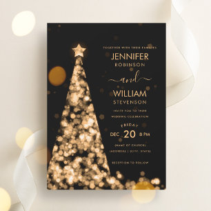 Modern Script Festive Gold Tree Christmas Wedding  Invitation