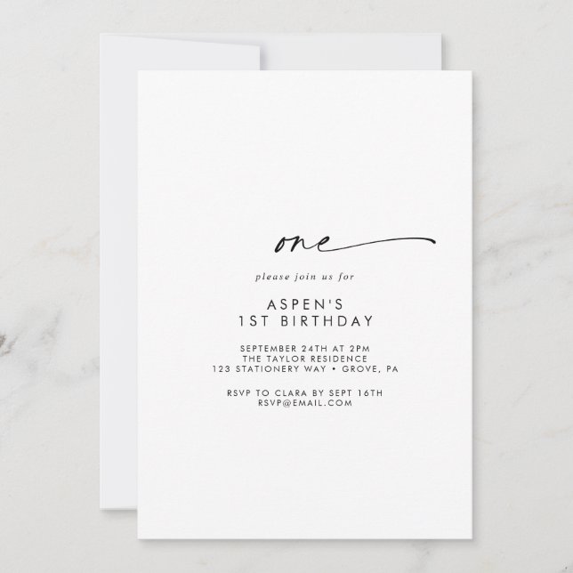 Modern Script First Birthday Party Invitation (Front)