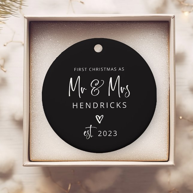 Modern Script | First Christmas as Mr and Mrs Ceramic Tree Decoration (A modern, black Christmas ornament that makes the perfect keepsake gift for the newlyweds)