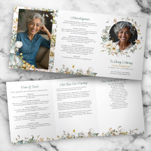 Modern Script Floral 2-Photo Funeral/Memorial Tri-Fold Programme