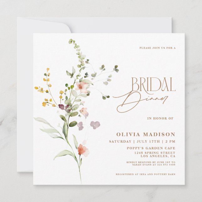 Modern Script Floral Garden Bridal Dinner Invitation (Front)
