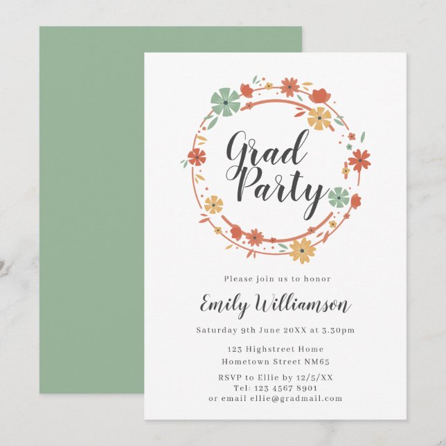 Modern Script Floral Graduation Party Invitation (Front/Back)
